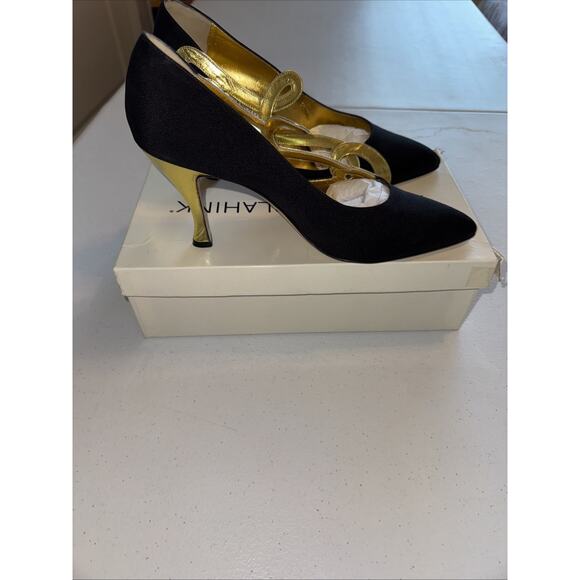 Manolo Blahnik Black/Gold Fabric/leather Pumps Heels Shoes 8.5/9 GORGEOUS! - Picture 4 of 8